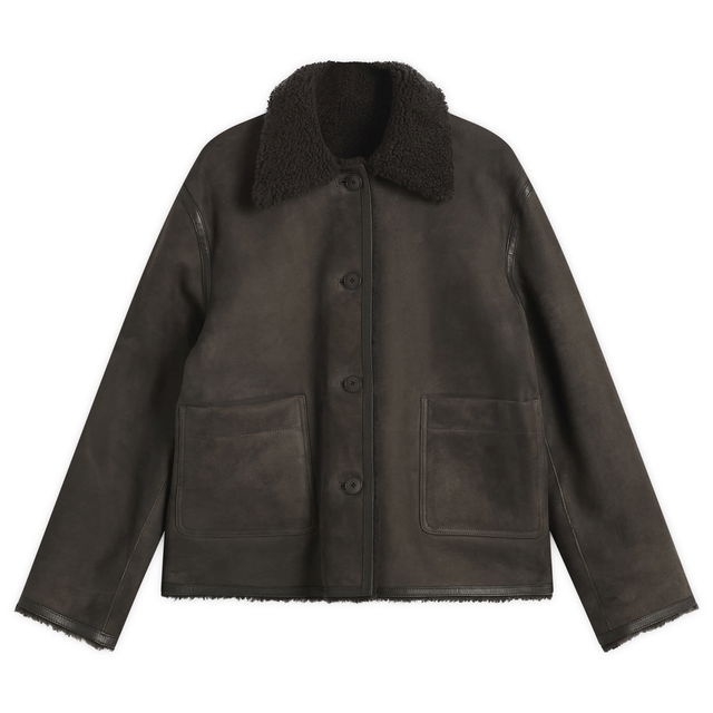Button-Front Shearling Jacket with Patch Pockets