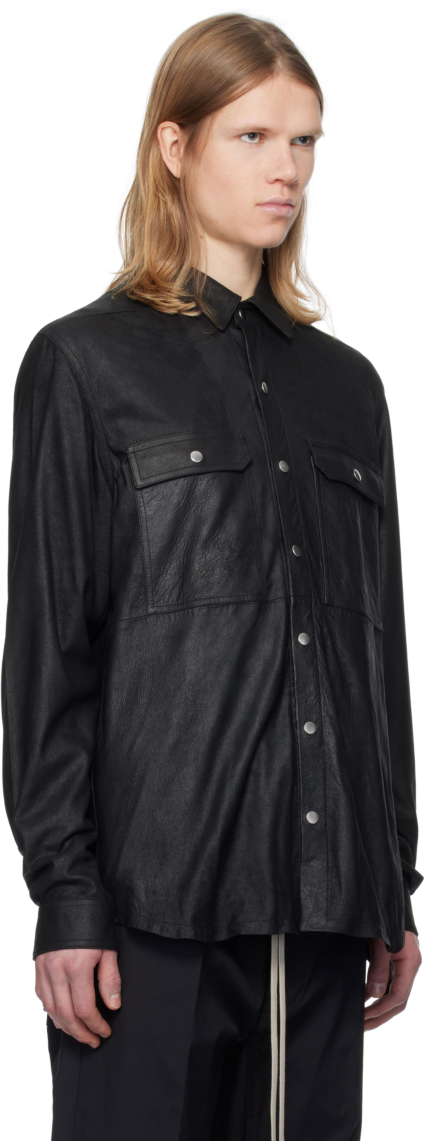 Риза Rick Owens Rick Owens Hollywood Megablister Lamb Leather Overshirt Черно | RU01E5729 LBA, 1