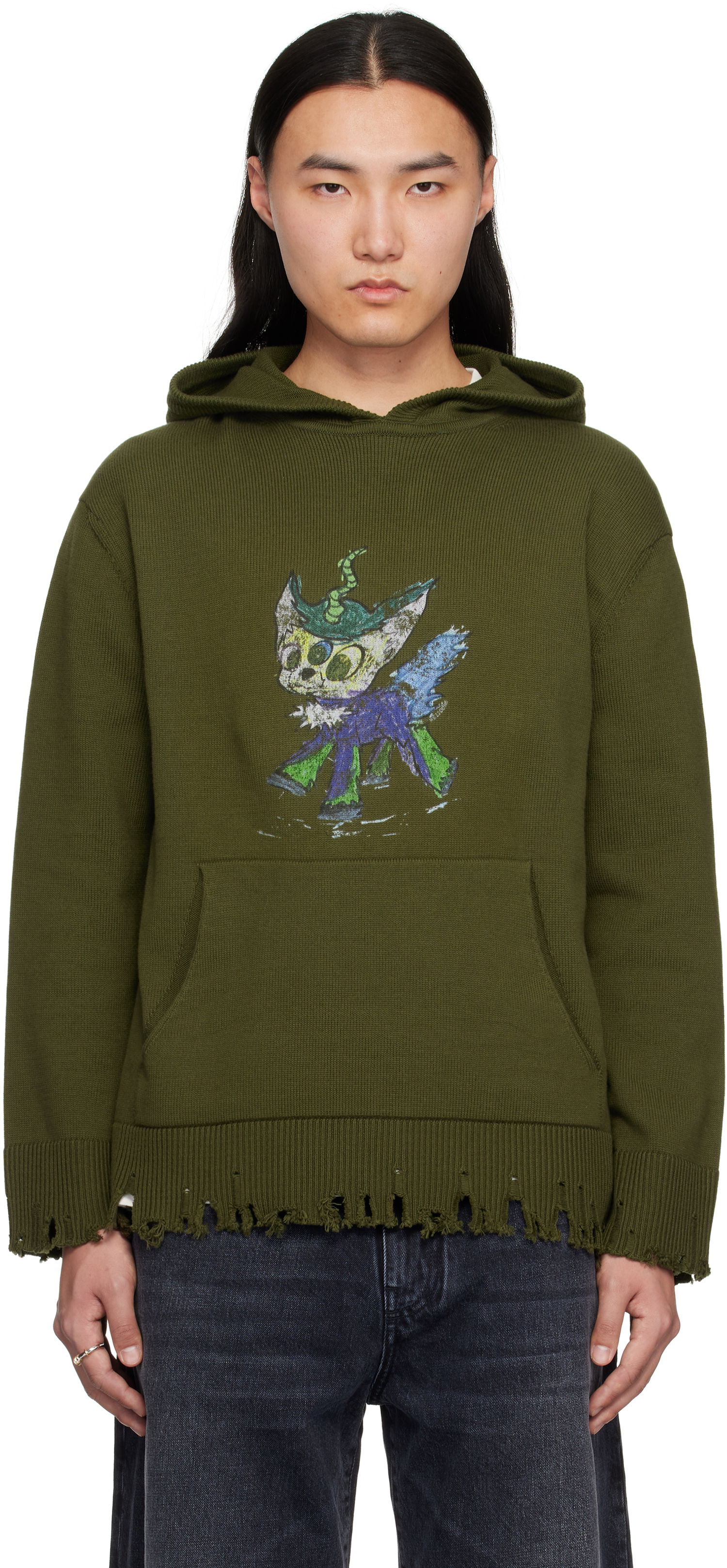 Суитчър We11done We11done Grunge Monster Pony Knit Hoodie Зелено | WD-KT0-25-659-U-KK, 0