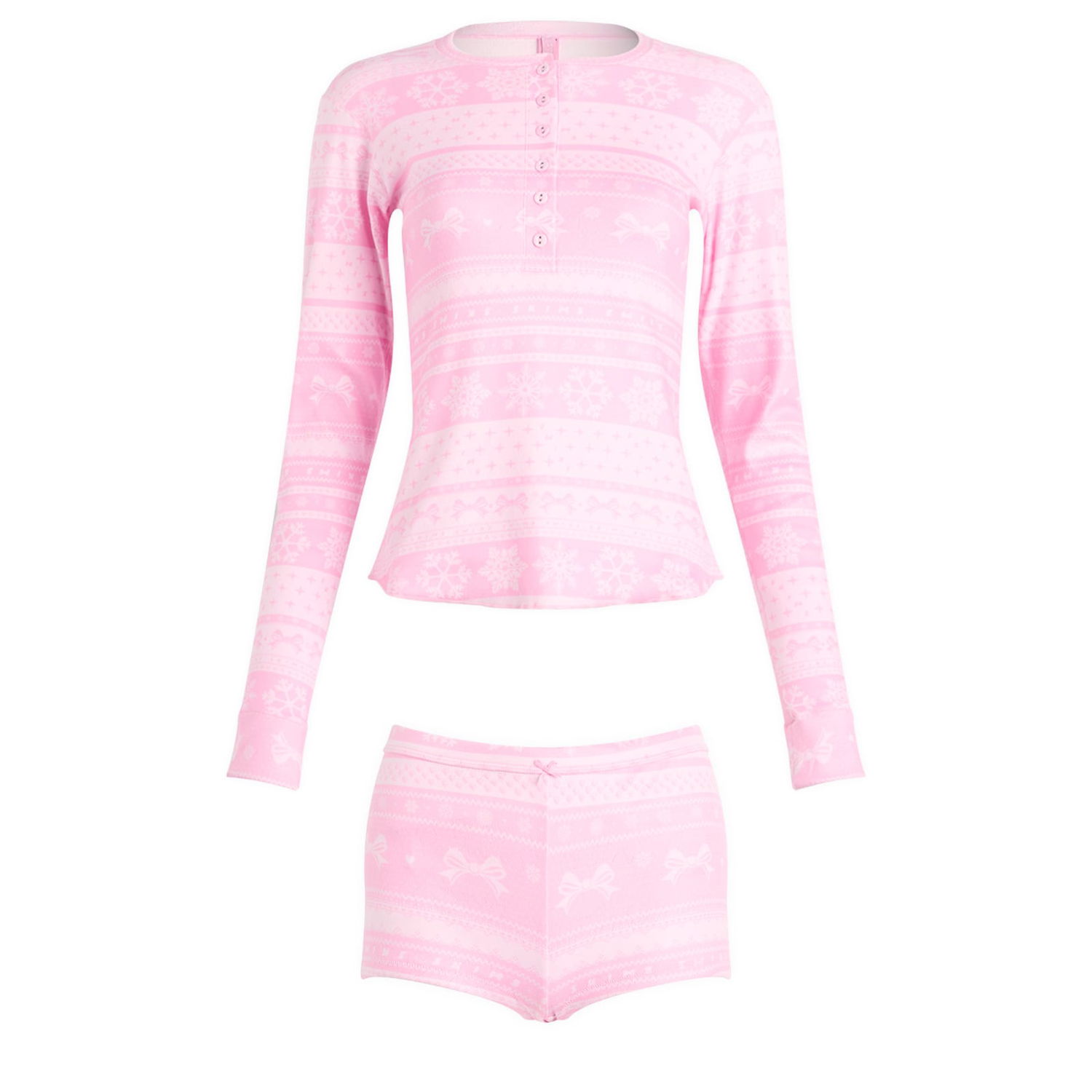 Пижама SKIMS Plush Pointelle Bow Fairisle Henley & Short Set Розово | ST-SST-10867W-BBW, 0