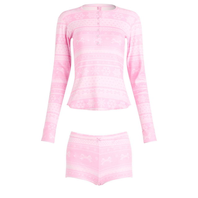 Plush Pointelle Bow Fairisle Henley & Short Set