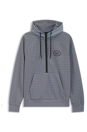 Суитчър BOSS Stretch Piqué Check-Print Hoodie with Golf Artwork Сиво | 50543465