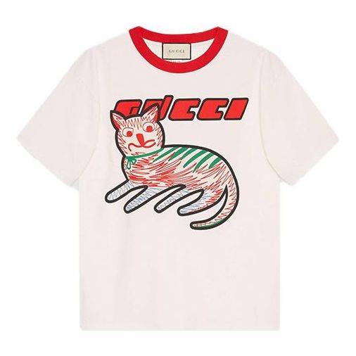 Тениска Gucci Oversize T-Shirt with Cat Print Бяло | 616036-XJCVU-9125, 0