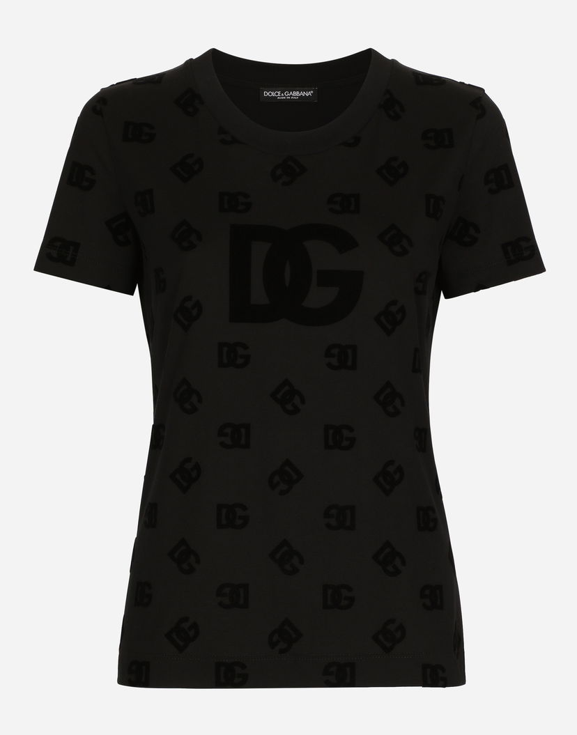 Тениска Dolce & Gabbana Jersey T-shirt With All-over Flocked Dg Logo Черно | F8T00TGDB9KN0000