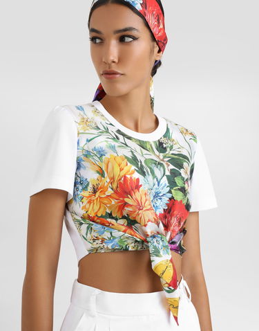 Съкратен топ Dolce & Gabbana Dolce & Gabbana Floral Tie-Front Crop T-Shirt Бяло | F8V75ZGDDCHW0800, 3