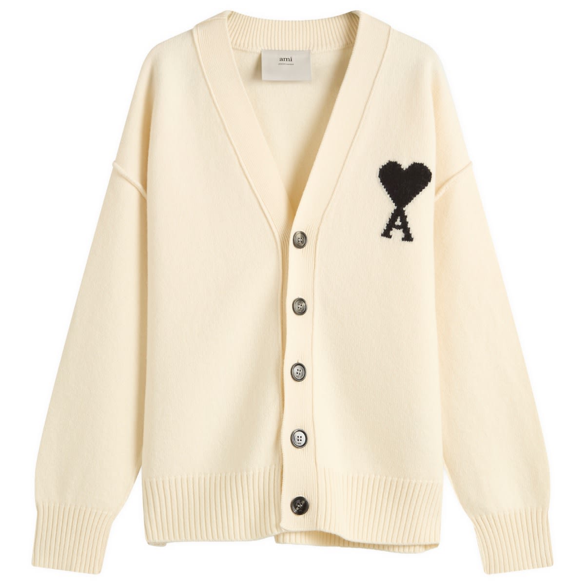 Пуловер AMI AMI Paris Men's Felted Merino Wool ADC Cardigan, Size Large Бяло | H25UKC367-018-151H25, 0