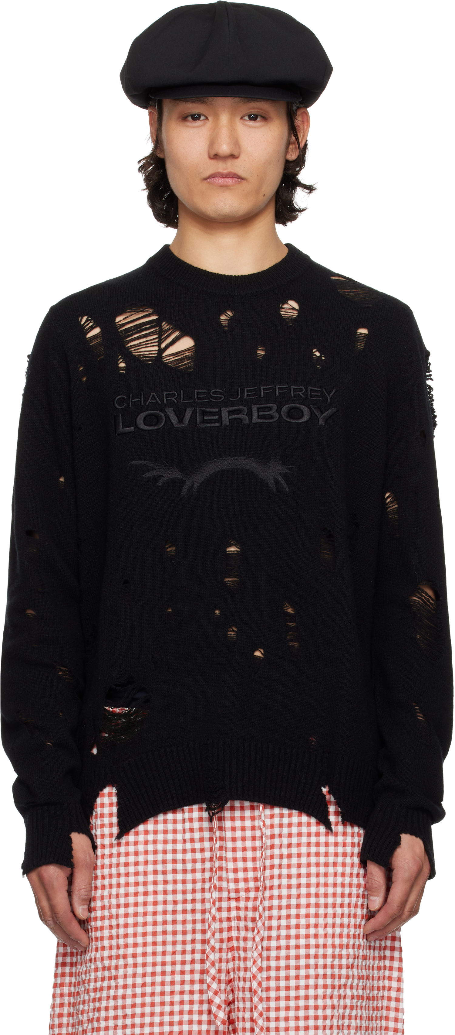Пуловер Charles Jeffrey Loverboy Charles Jeffrey LOVERBOY Distressed Logo Knit Sweater Черно | 54090401, 0