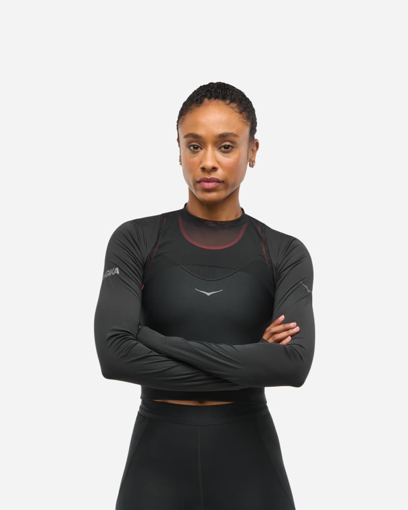 Съкратен топ Hoka One One Race Day Long Sleeve Crop Top Черно | 1167395-BLK, 0