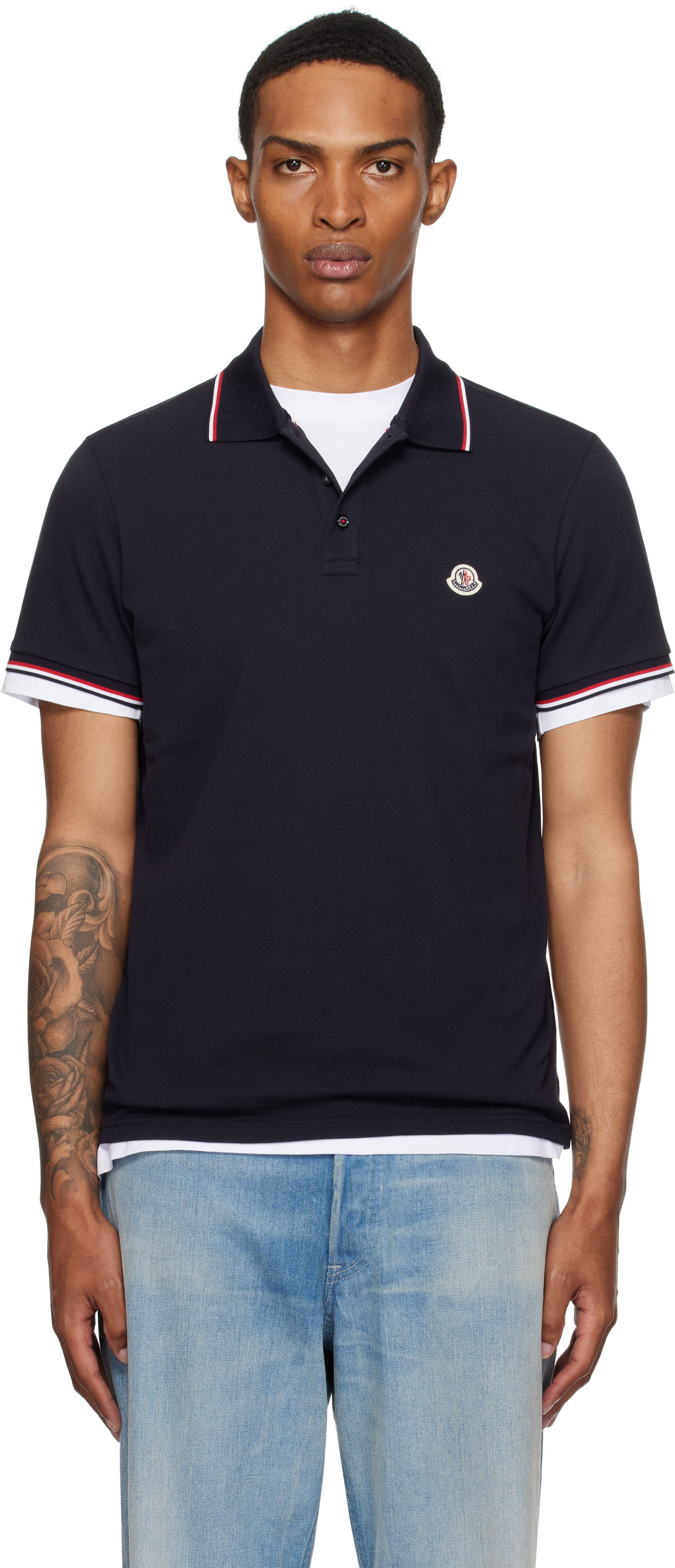 Поло тениска Moncler Moncler Tricolor-Trimmed Cotton Piquet Polo Тъмно синьо | K20918A7030084556, 0