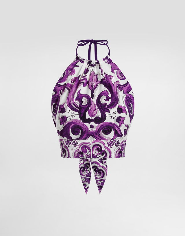 Dolce & Gabbana Majolica-Print Charmeuse Halter Tie Top
