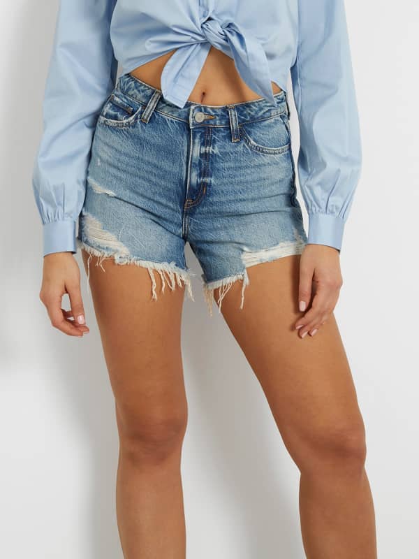 High Rise Denim Shorts Abrasions