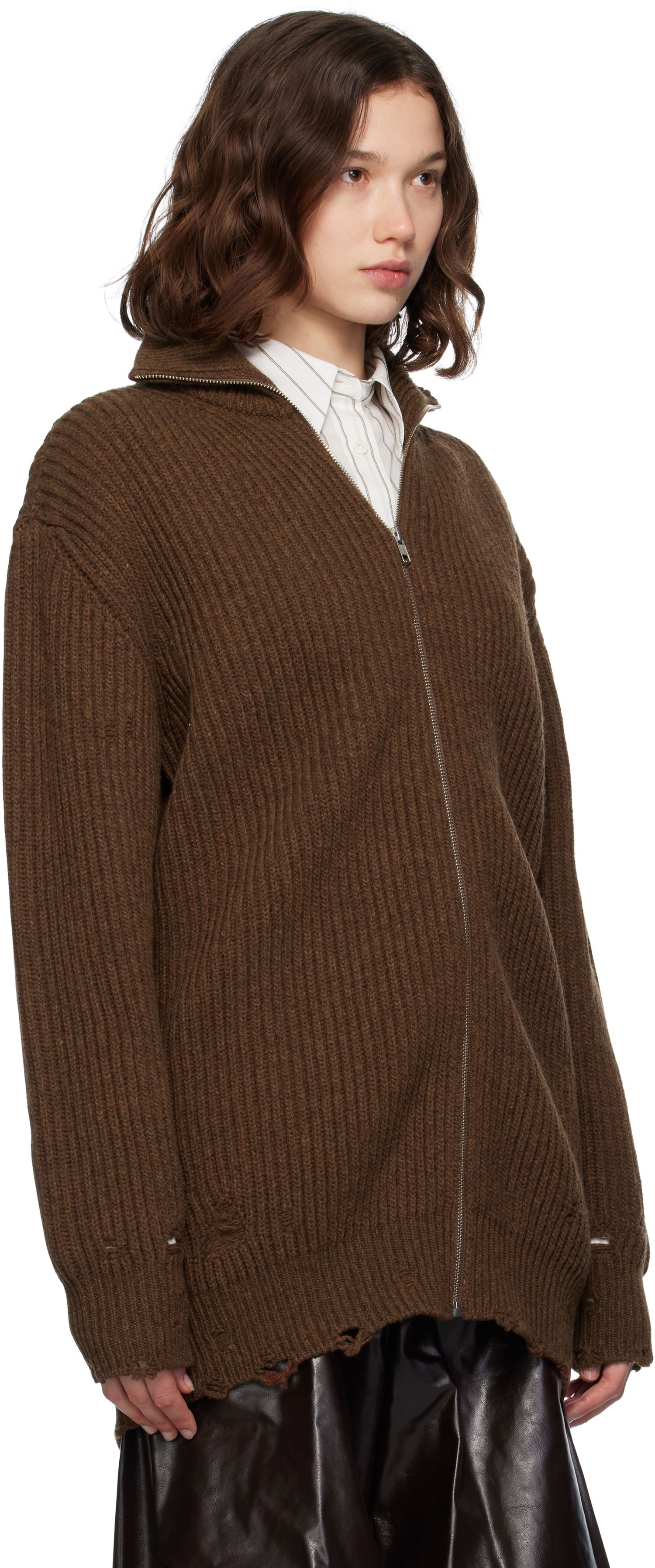 Пуловер Maison Margiela MM6 Maison Margiela Ribbed Knit Zip-Up Sweater Кафяво | S52AM0322 M13138, 1