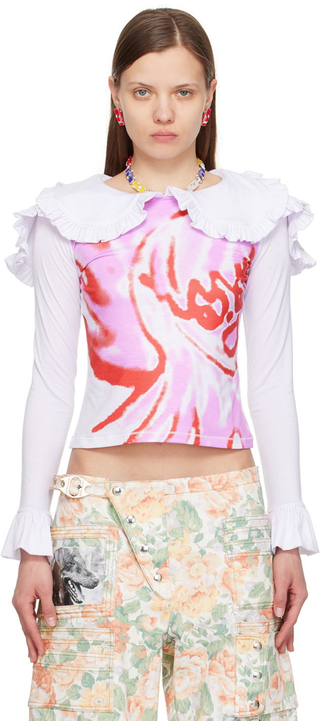 Съкратен топ Chopova Lowena Chopova Lowena Ruffle Collar Long Sleeve Graphic T-Shirt Бяло | W6329, 0