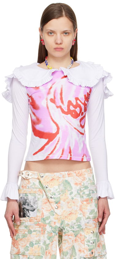 Съкратен топ Chopova Lowena Chopova Lowena Ruffle Collar Long Sleeve Graphic T-Shirt Бяло | W6329, 0