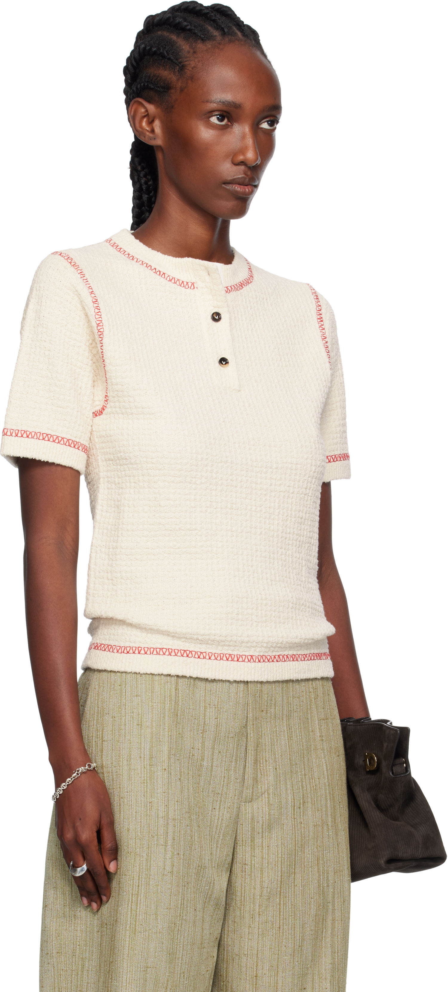 Поло тениска Bottega Veneta Bottega Veneta Waffle Knit Polo Shirt Бяло | 825700 V5BD0, 1