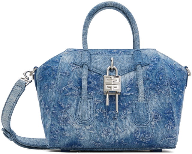 Blue Mini Antigona Lock Denim Bag