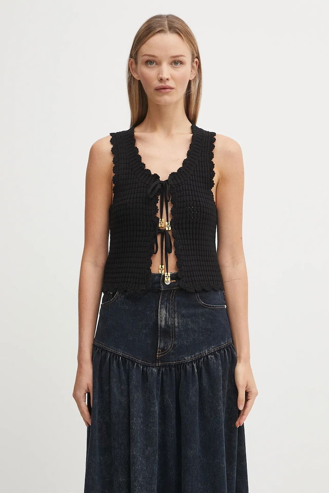 GANNI Cotton Textured Lace Tie-Front Vest