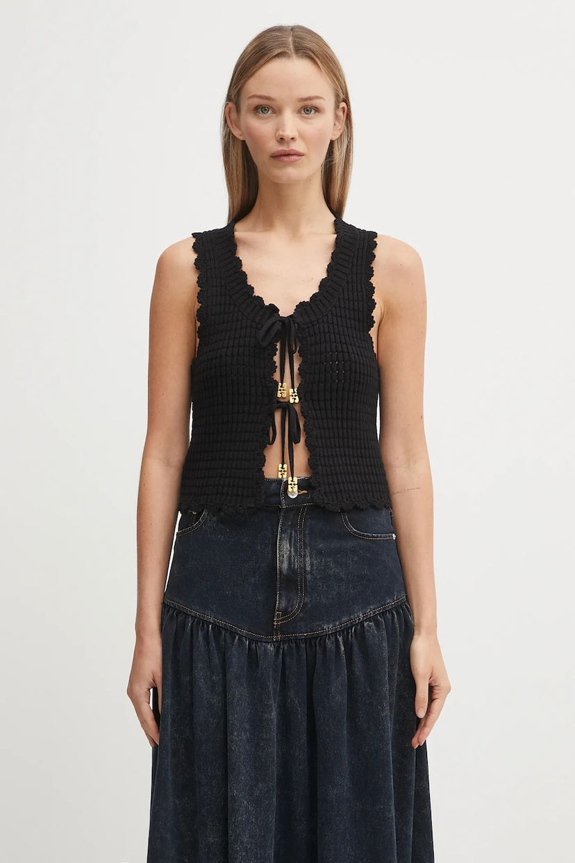 Жилетка GANNI GANNI Cotton Textured Lace Tie-Front Vest Черно | K2541