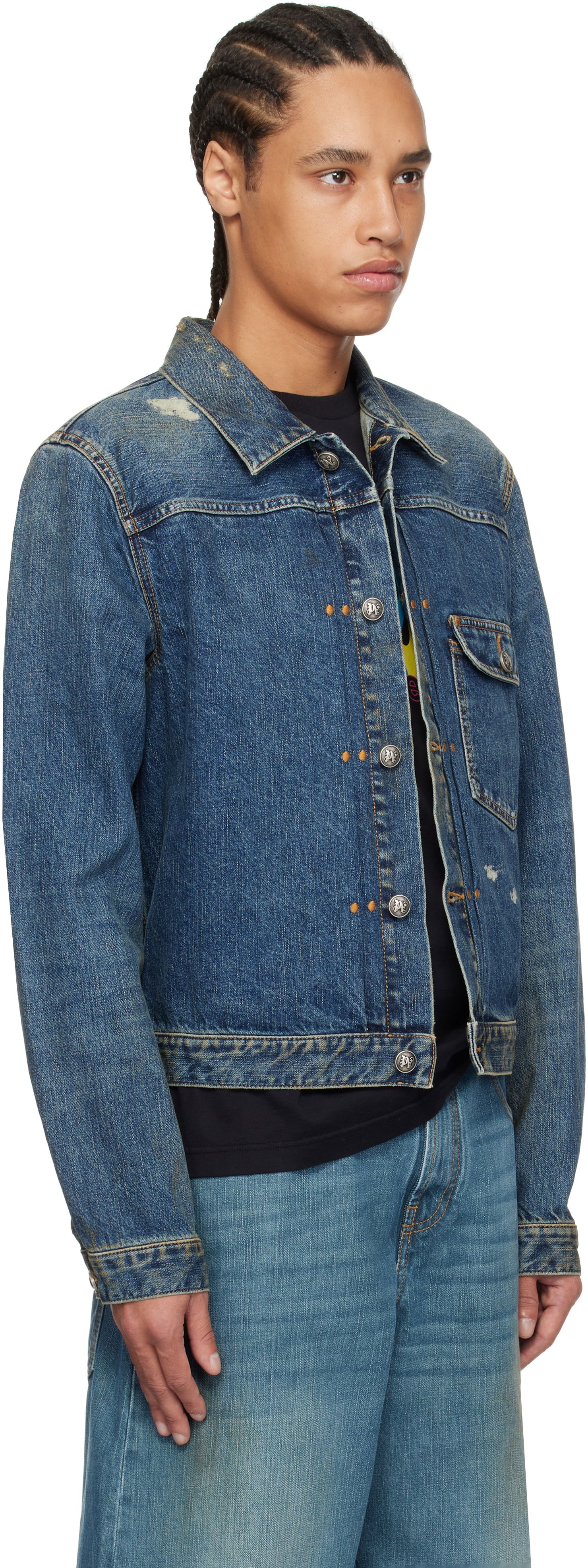 Яке Palm Angels Palm Angels Curved Logo Denim Jacket Синьо | PMYE055S25DEN0014540, 1
