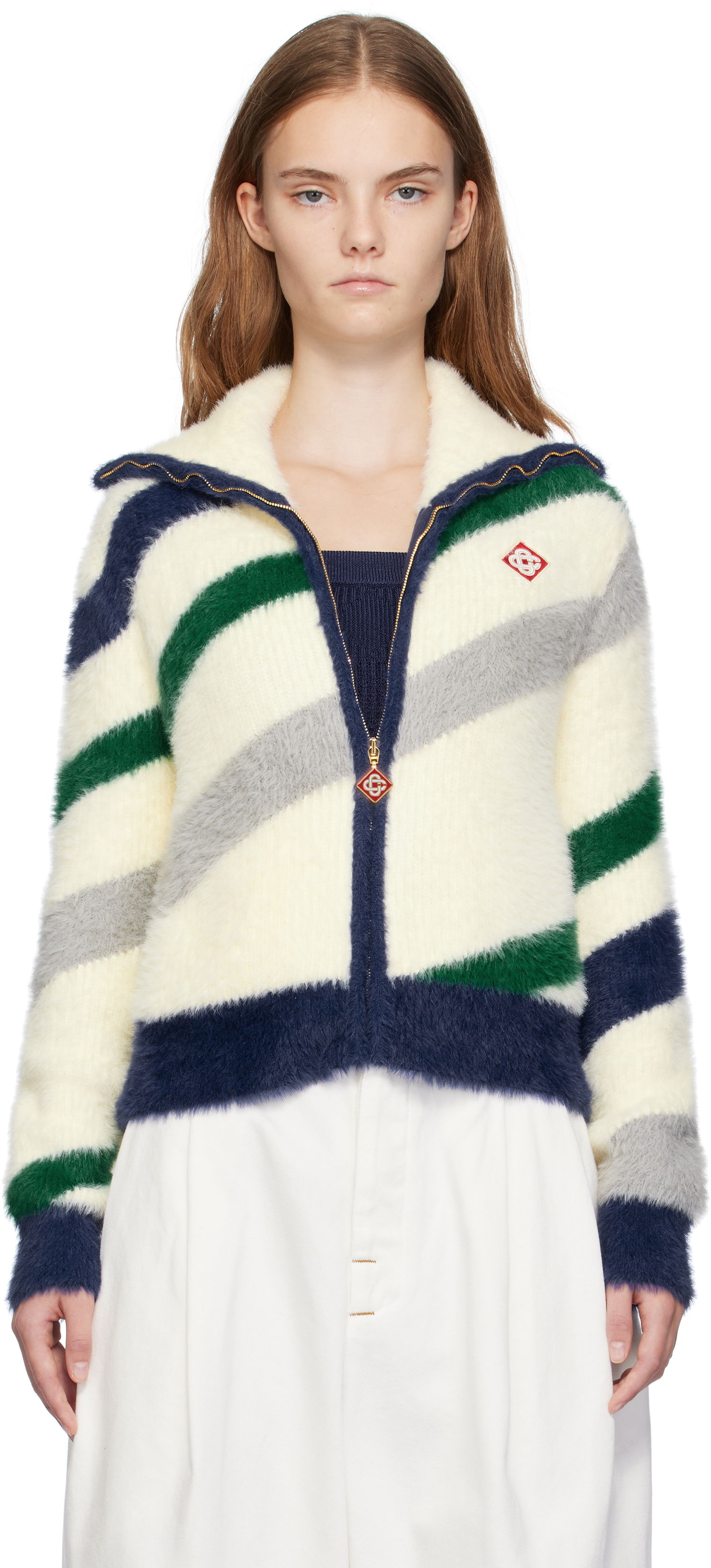 Яке Casablanca Striped Fluffy Zip Up Jacket Бяло | WF24-KW-811-01, 0