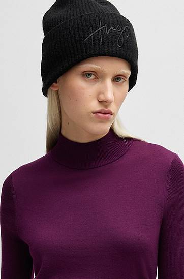 Шапка BOSS Hugo Ribbed Beanie with Handwritten Logo Черно | 50524104, 1