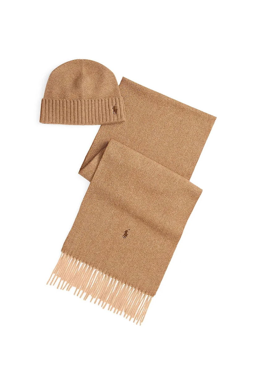 Шал Polo by Ralph Lauren Polo Ralph Lauren Knitted Beanie and Herringbone Scarf with Fringed Edges Бежово | 449959529