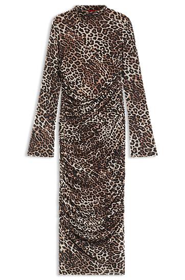 Pокля BOSS Leopard Print Gathered Midi Dress Кафяво | 50546239, 0