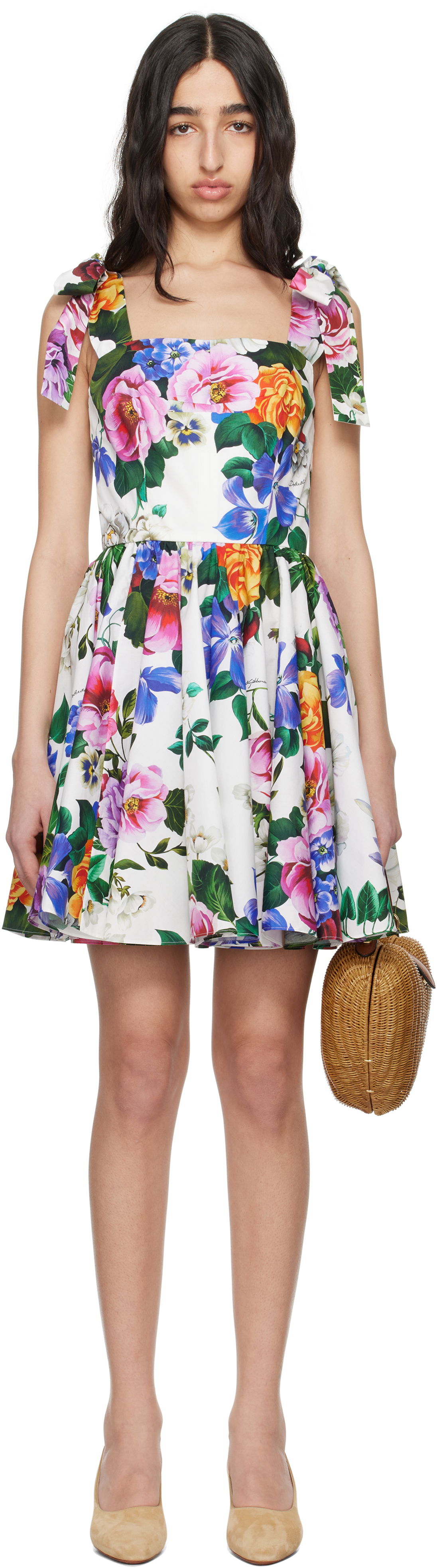 Pокля Dolce & Gabbana Dolce&Gabbana Rose-Print Corset Mini Dress Бяло | F6ZT2T HS5S6, 0
