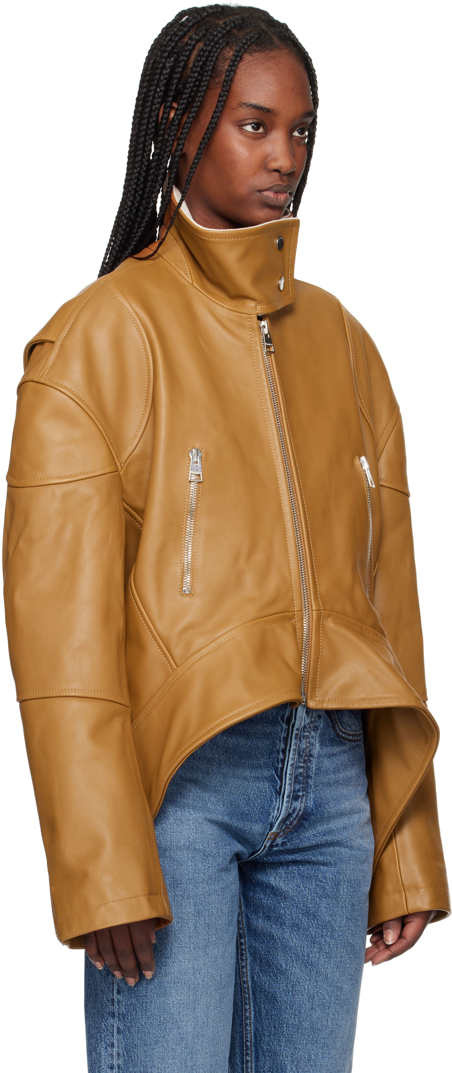 Яке JW Anderson JW Anderson Curved Hem High Neck Leather Jacket Кафяво | LJ0046-LT0117, 1