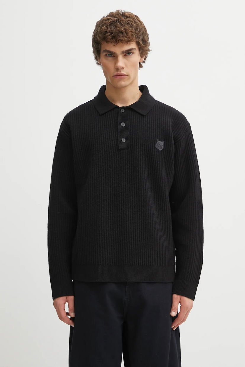 Поло тениска MAISON KITSUNÉ Fox Head Wool Ribbed Polo Черно | PM00213KT1149
