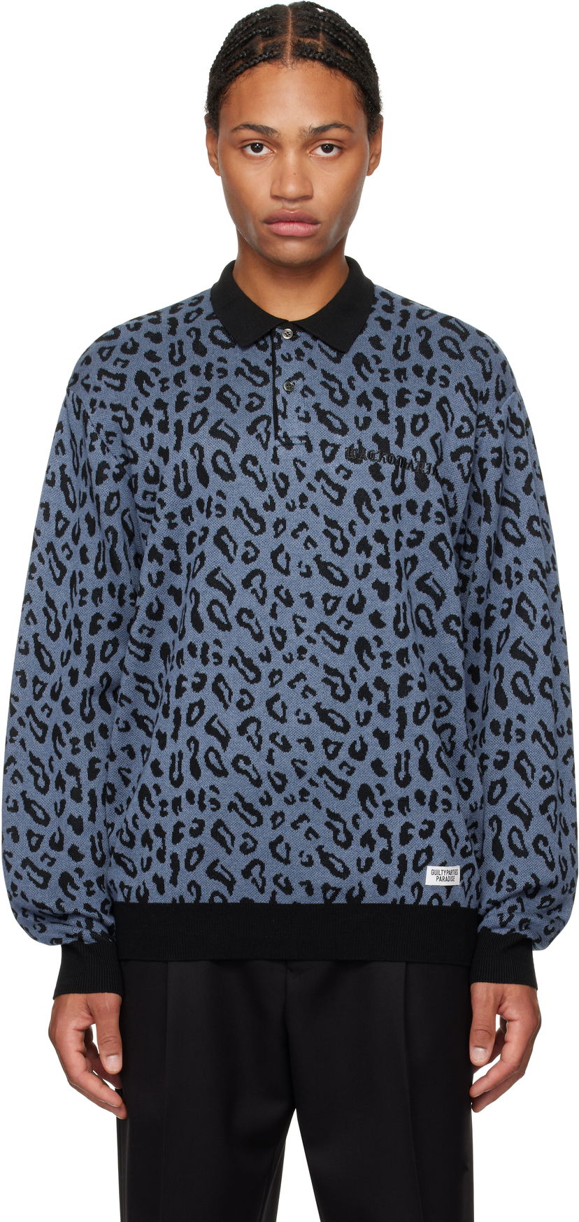 Поло тениска WACKO MARIA Leopard Knit Polo Синьо | 24FW-WMK-KN13