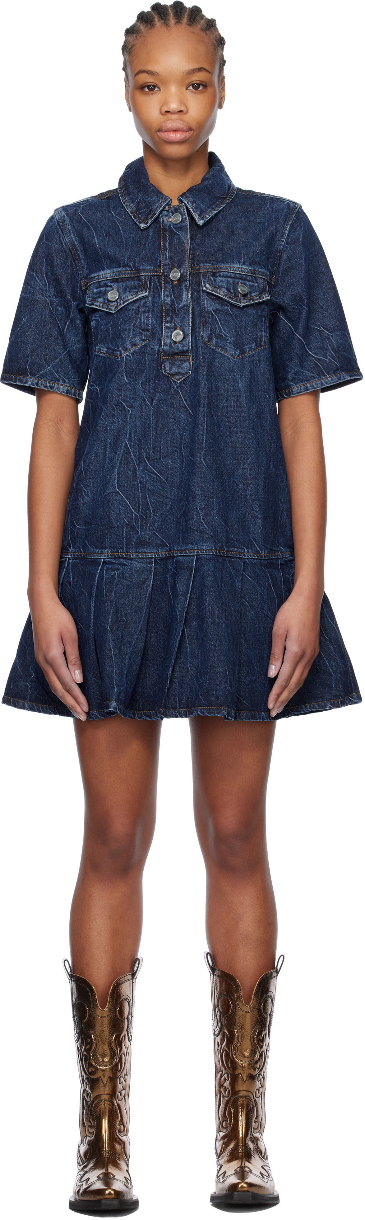 Pокля GANNI Ganni Crinkled Future Denim Mini Dress Синьо | J1594, 0