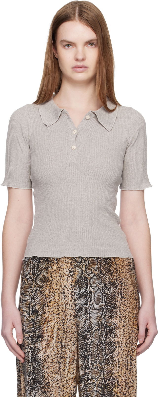 Ribbed Knit Short Sleeve Scalloped Dual Polo