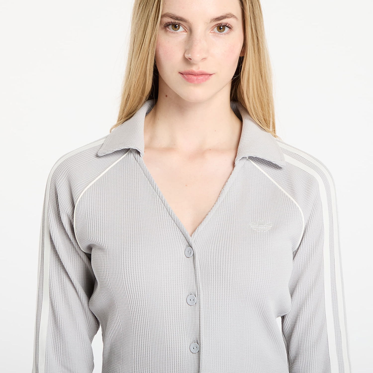 Риза adidas Originals Ribbed Collared Long-Sleeve Button Down Top with Sleeve Stripes Сиво | KR5109, 1