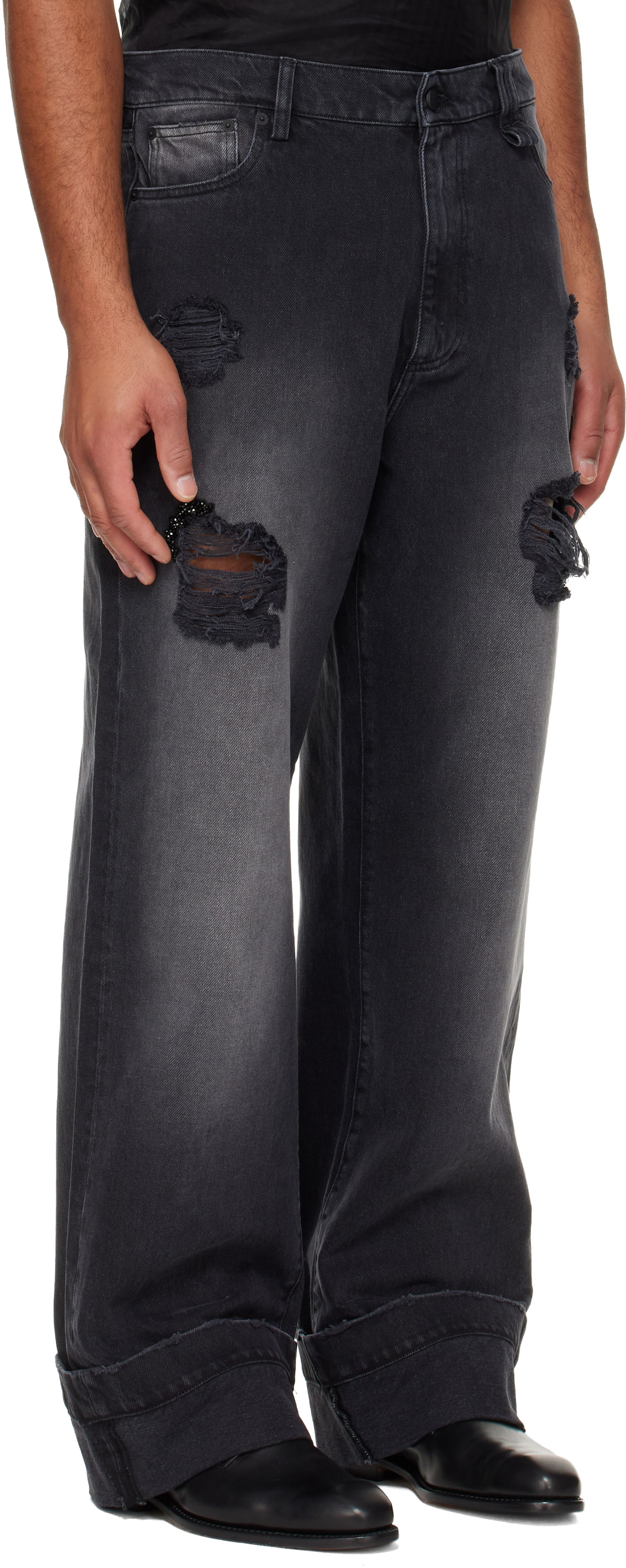 Дънки Simone Rocha Simone Rocha Embellished Distressed Wide-Leg Cuffed Jeans Черно | 4161B 1239D, 1