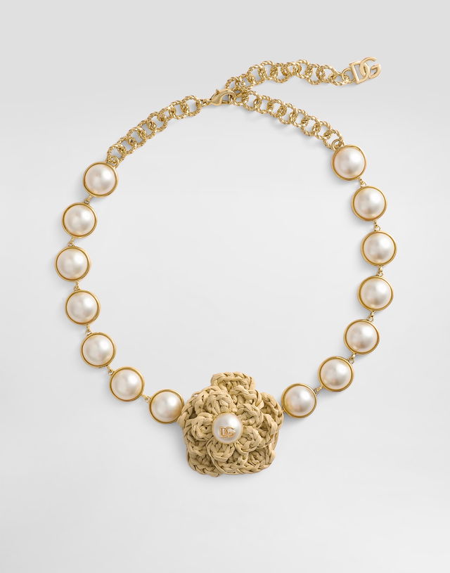 Dolce & Gabbana Pearl and Raffia Flower Necklace