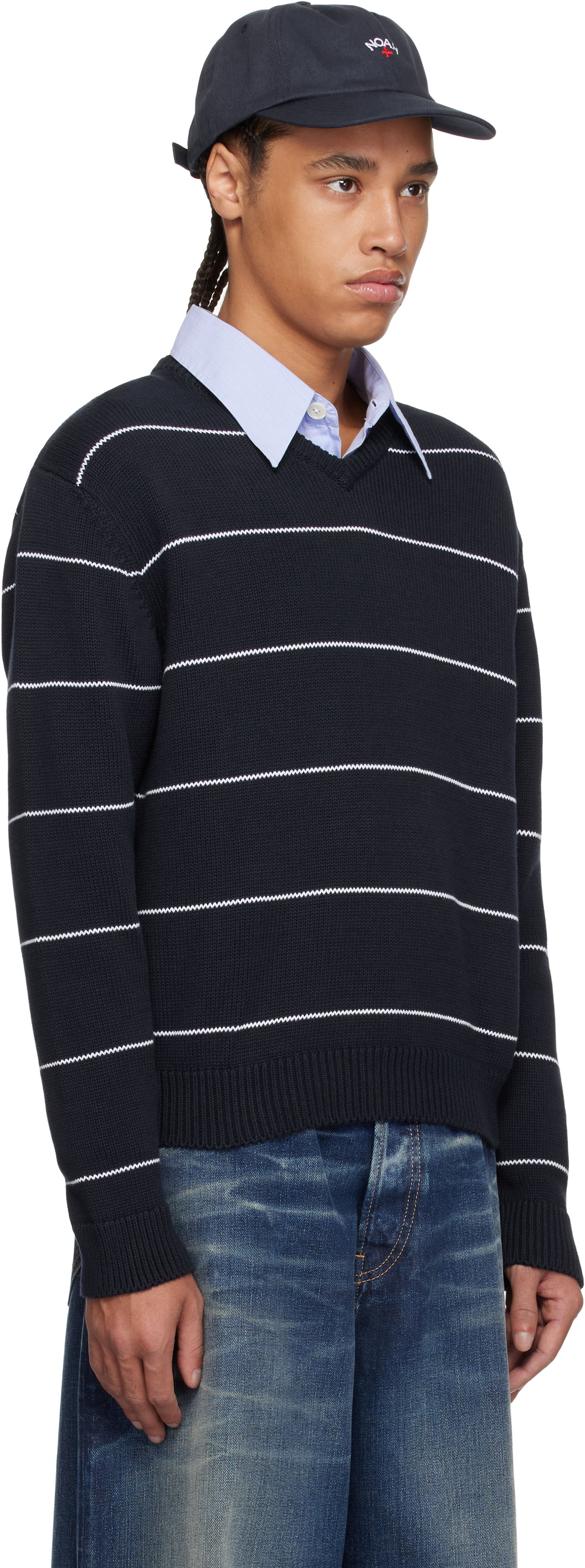 Пуловер Noah Noah Striped V-Neck Sweater Тъмно синьо | SW096SS25NVY, 1