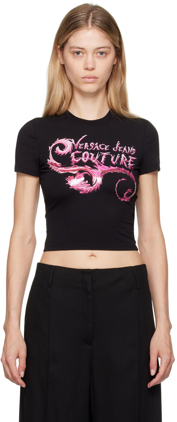 Тениска Versace Jeans Couture Black & Pink Chromo Couture Logo T-Shirt Черно | E77HAHC00_ECJ02C, 0