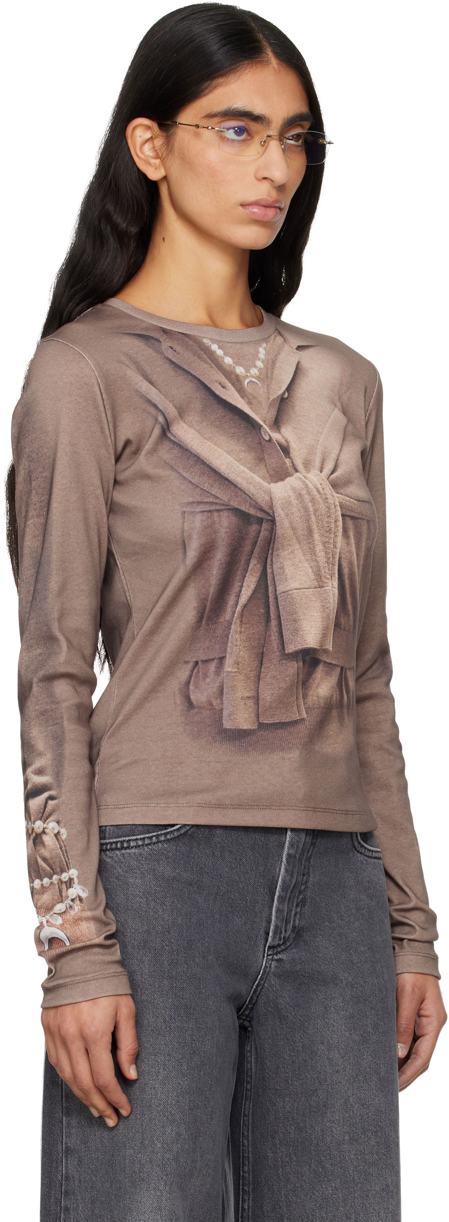 Тениска Marine Serre Trompe-L'Oeil Cardigan Print Knit Jersey Long Sleeve T-Shirt Бежово | WTT032ACJER0091, 1