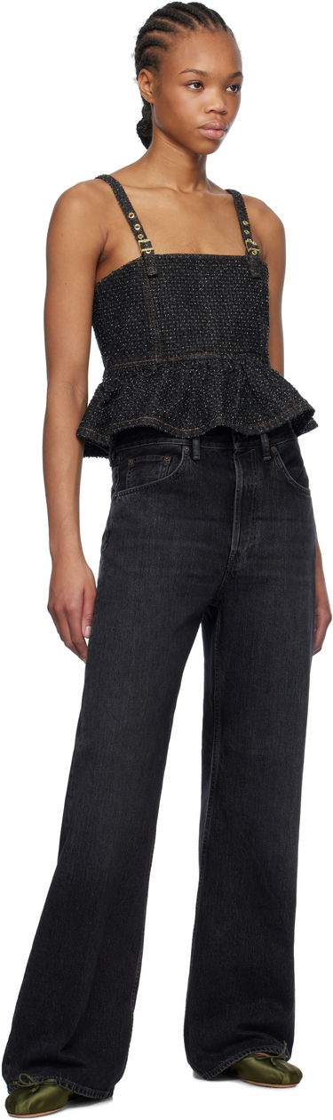 Съкратен топ GANNI Ganni Fluffy Denim Strap Top Черно | J1615, 3