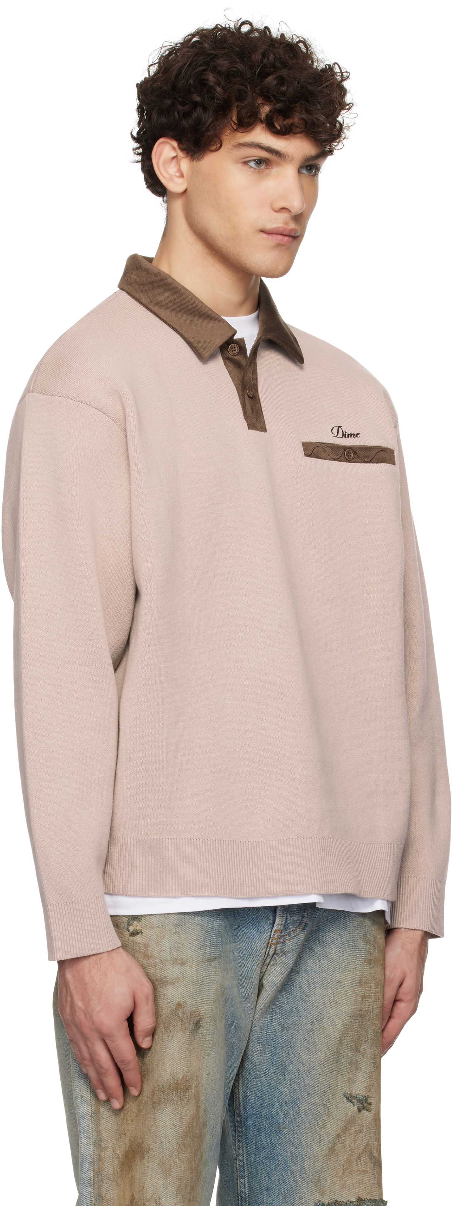 Поло тениска Dime Corduroy Collar Rugby Long Sleeve Polo Бежово | DIMEHO248MOC, 1