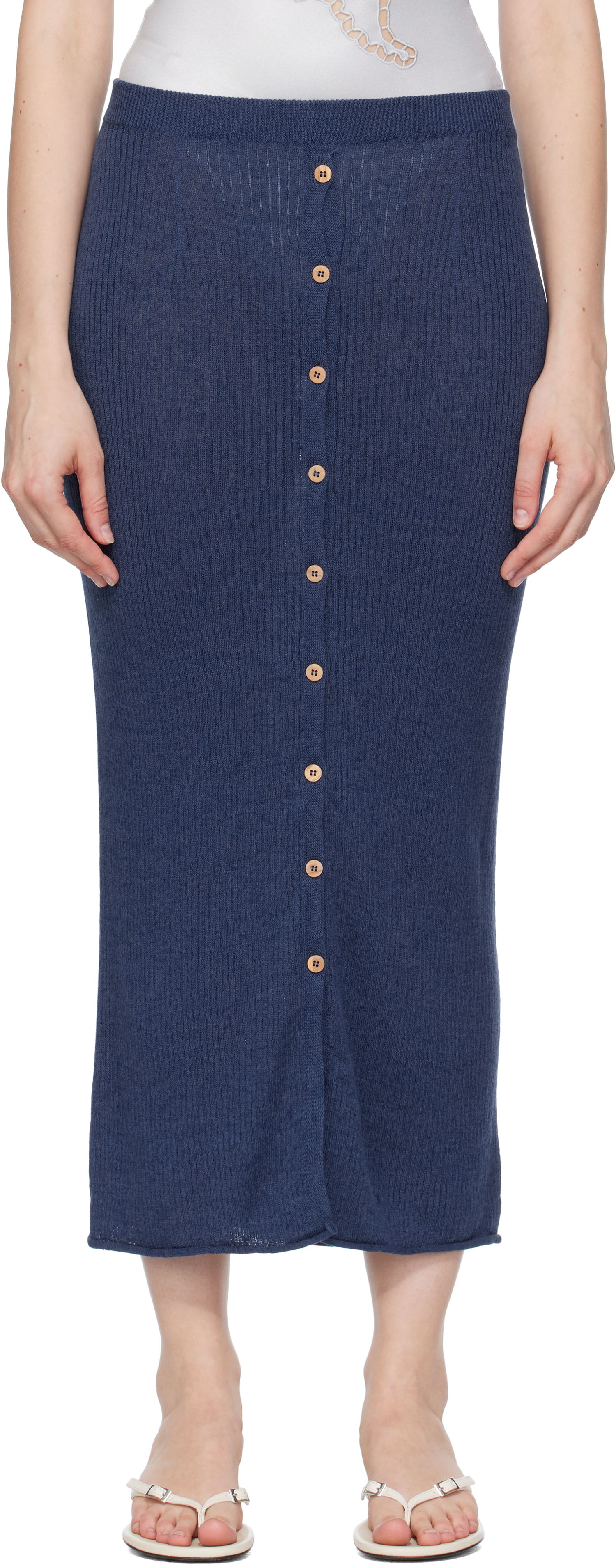 Пола Baserange Baserange Ribbed Knit Midi Skirt with Button Closure Тъмно синьо | SKDR-LI-SU25, 0
