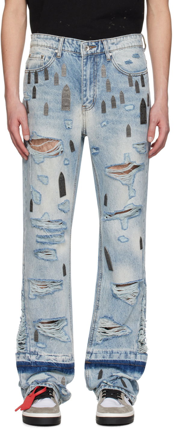 Дънки Who Decides War Amplified Gnarly Flared Jeans with Tombstone Appliqués Синьо | 1120800008SS24