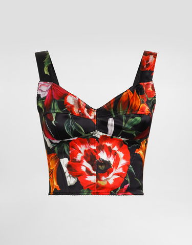 Съкратен топ Dolce & Gabbana Dolce & Gabbana Satin Corset with Flower Print Черно | F7T19TFSIB2HN5PB, 0