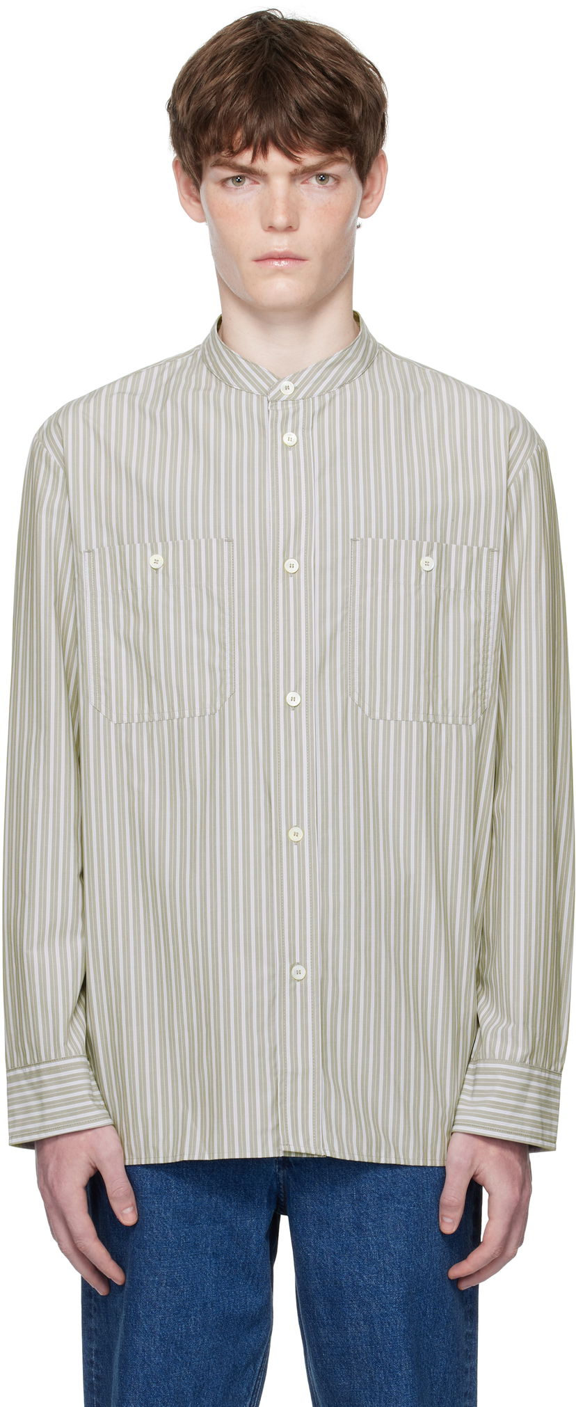 Риза A.P.C. A.P.C. Theon Striped Band Collar Shirt Зелено | COHJJ-H12631