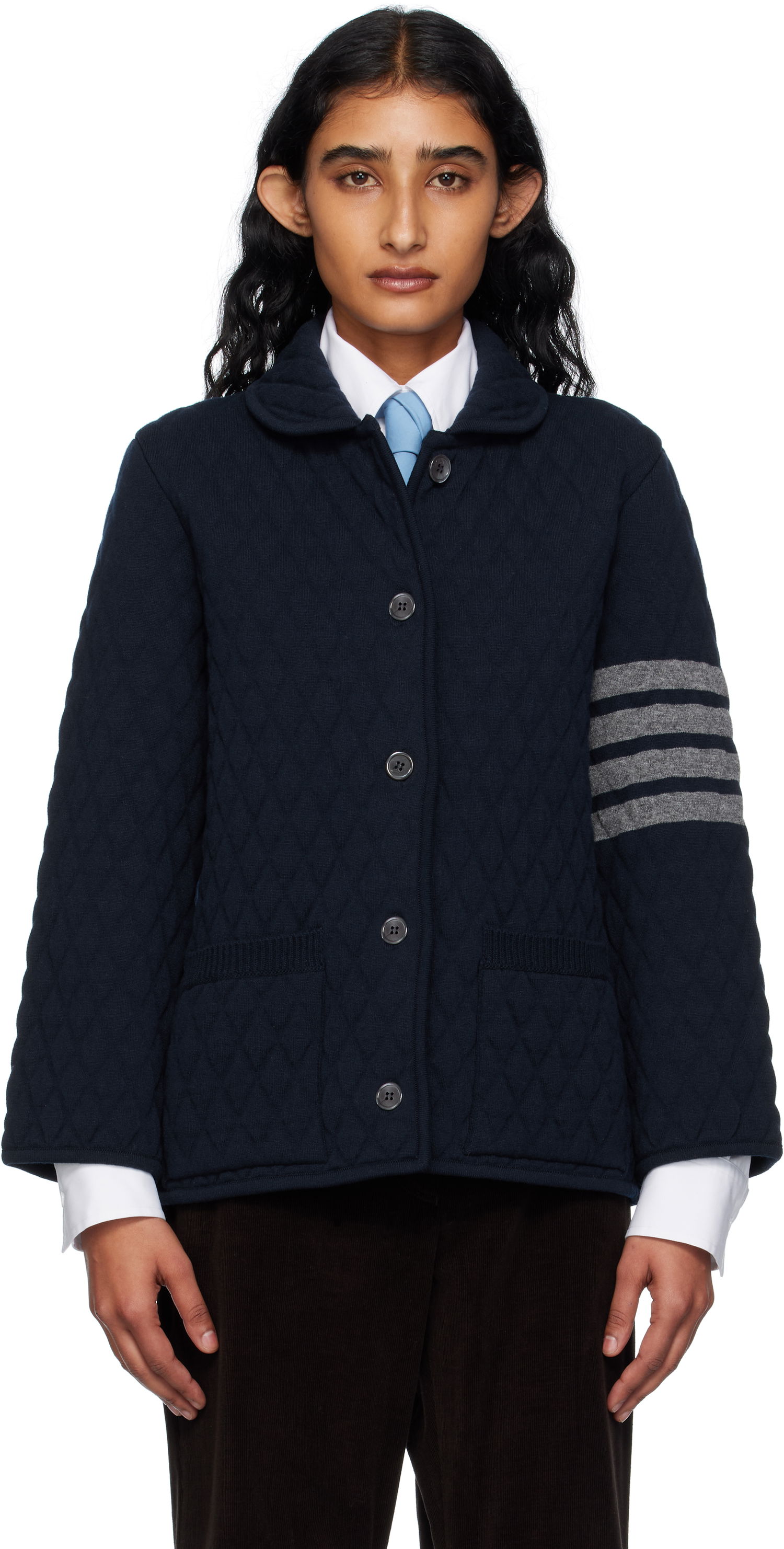 Яке Thom Browne Thom Browne Quilted Knit Merino Wool 4-Bar Work Jacket Тъмно синьо | FKJ117A-Y1029, 0
