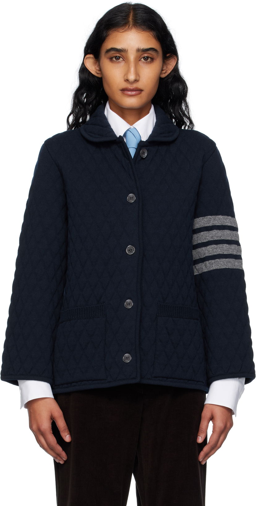 Яке Thom Browne Thom Browne Quilted Knit Merino Wool 4-Bar Work Jacket Тъмно синьо | FKJ117A-Y1029