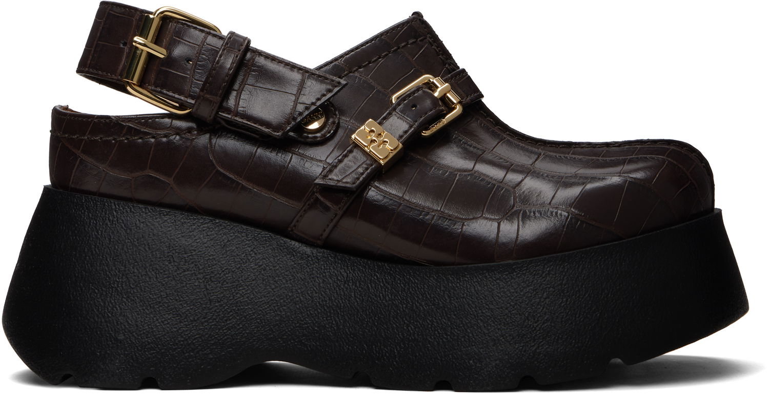Кецове и обувки GANNI Platform Croc-Embossed Clog Loafers Кафяво | S3231, 0