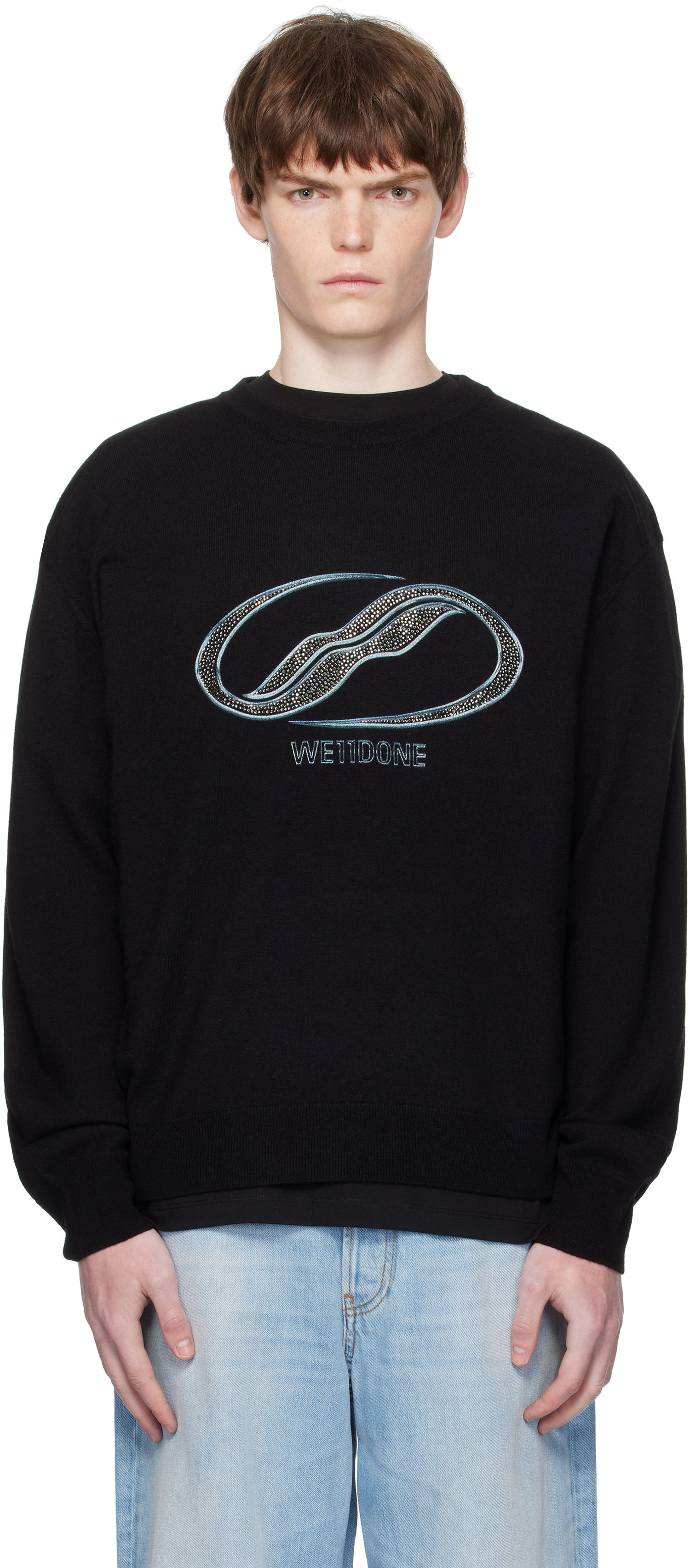 Пуловер We11done We11done Logo Rhinestone Knit Pullover Черно | WD-KO2-25-652-U-BK, 0