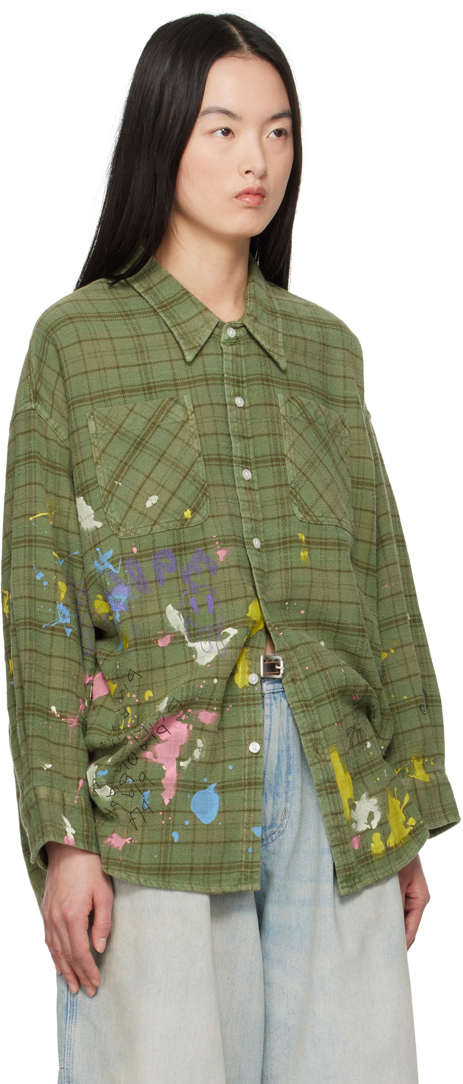 Риза R13 R13 Drop Neck Paint Splatter Plaid Work Shirt Зелено | R13WR015-R526B, 1